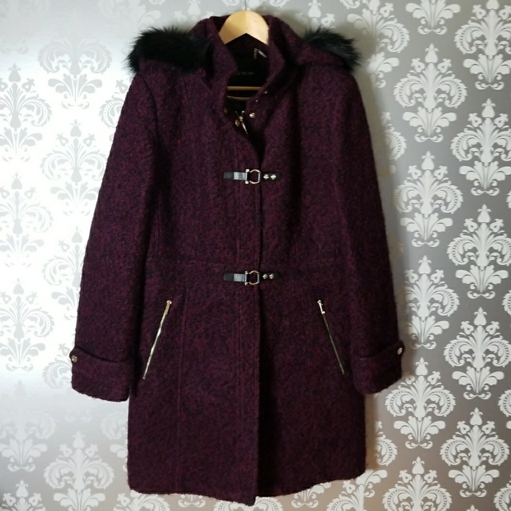 Ivanka Trump Plum Hooded Wool-Blend Coat with Black Faux Fur Trim
